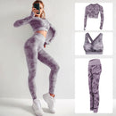 Seamless 3 Pieces Gym Set Woman Sportswear Long Sleeve Crop Top+Gym Leggings+Sport Bra Female Fitness Sports Suits
