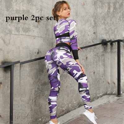 Women Camouflage Yoga Set Fitness Clothes Sports Suits Gym Clothing Crop Top+Running Leggings Workout Pants Shirts Leggings Sets