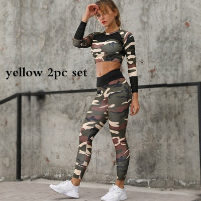 Women Camouflage Yoga Set Fitness Clothes Sports Suits Gym Clothing Crop Top+Running Leggings Workout Pants Shirts Leggings Sets