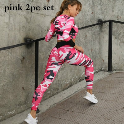 Women Camouflage Yoga Set Fitness Clothes Sports Suits Gym Clothing Crop Top+Running Leggings Workout Pants Shirts Leggings Sets