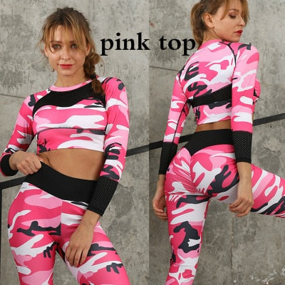 Women Camouflage Yoga Set Fitness Clothes Sports Suits Gym Clothing Crop Top+Running Leggings Workout Pants Shirts Leggings Sets