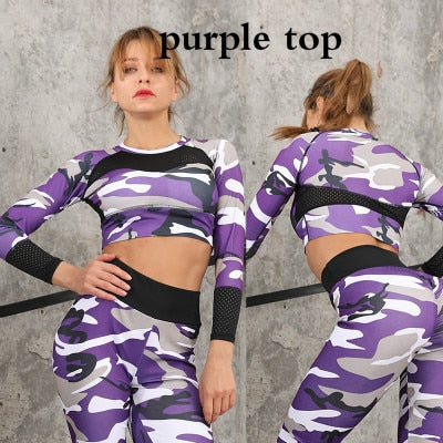 Women Camouflage Yoga Set Fitness Clothes Sports Suits Gym Clothing Crop Top+Running Leggings Workout Pants Shirts Leggings Sets