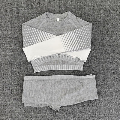 Seamless Rib Yoga Set Sport Outfits Women Two 2 Piece Dry Fit Tight Long Sleeve Crop Top+Leggings Workout Gym Suit Fitness #Y5