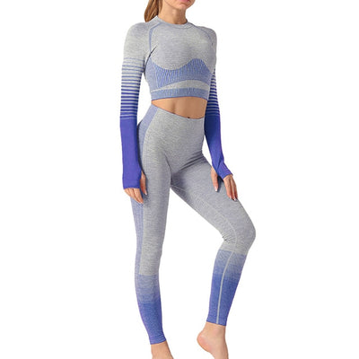 Seamless Rib Yoga Set Sport Outfits Women Two 2 Piece Dry Fit Tight Long Sleeve Crop Top+Leggings Workout Gym Suit Fitness #Y5