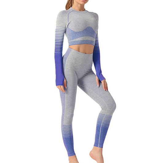 Seamless Rib Yoga Set Sport Outfits Women Two 2 Piece Dry Fit Tight Long Sleeve Crop Top+Leggings Workout Gym Suit Fitness #Y5