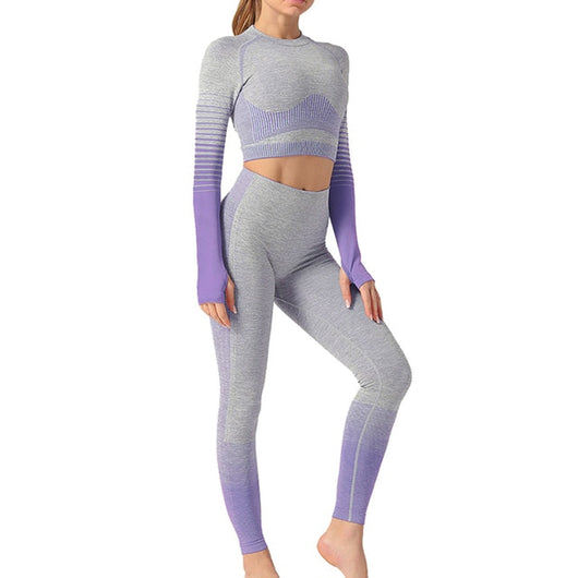 Seamless Rib Yoga Set Sport Outfits Women Two 2 Piece Dry Fit Tight Long Sleeve Crop Top+Leggings Workout Gym Suit Fitness #Y5