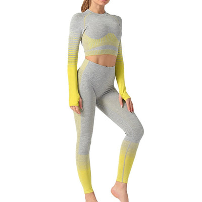 Seamless Rib Yoga Set Sport Outfits Women Two 2 Piece Dry Fit Tight Long Sleeve Crop Top+Leggings Workout Gym Suit Fitness #Y5
