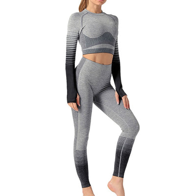 Seamless Rib Yoga Set Sport Outfits Women Two 2 Piece Dry Fit Tight Long Sleeve Crop Top+Leggings Workout Gym Suit Fitness #Y5