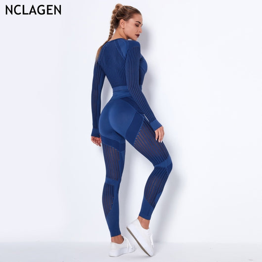 NCLAGEN Seamless Set Women Long Sleeve Top T Shirt Yoga Pants Leggings Suit Fitness Gym Sports Workout Running Gymwear Outfit