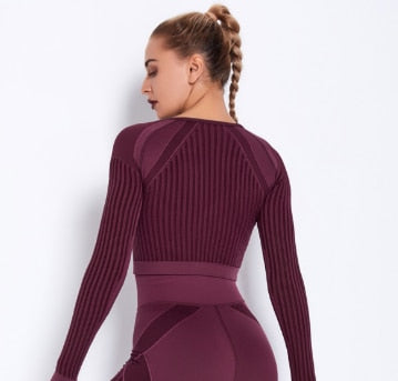 NCLAGEN Seamless Set Women Long Sleeve Top T Shirt Yoga Pants Leggings Suit Fitness Gym Sports Workout Running Gymwear Outfit