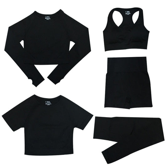 2/3/5PCS Seamless Women Yoga Set Workout Sportswear Gym Clothing Fitness Long Sleeve Crop Top High Waist Leggings Sports Suits