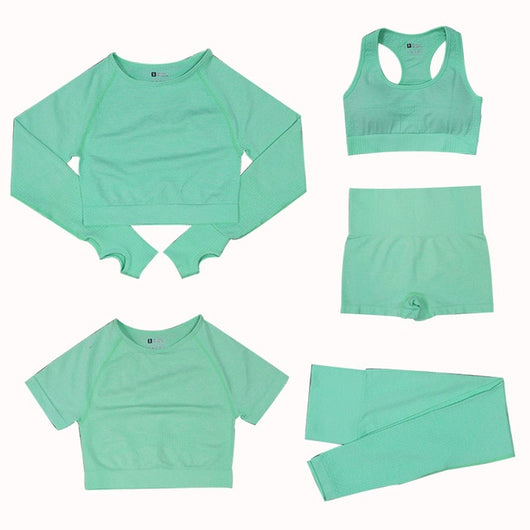 2/3/5PCS Seamless Women Yoga Set Workout Sportswear Gym Clothing Fitness Long Sleeve Crop Top High Waist Leggings Sports Suits
