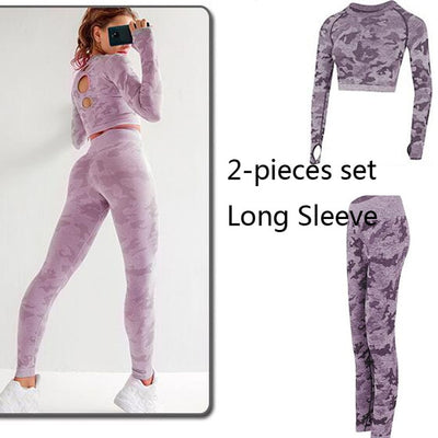 Seamless 3 Pieces Gym Set Woman Sportswear Long Sleeve Crop Top+Gym Leggings+Sport Bra Female Fitness Sports Suits