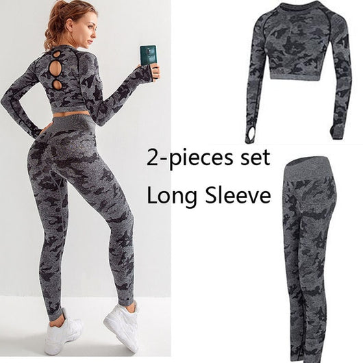 Seamless 3 Pieces Gym Set Woman Sportswear Long Sleeve Crop Top+Gym Leggings+Sport Bra Female Fitness Sports Suits