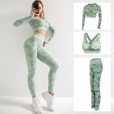 Seamless 3 Pieces Gym Set Woman Sportswear Long Sleeve Crop Top+Gym Leggings+Sport Bra Female Fitness Sports Suits
