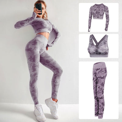 Seamless 3 Pieces Gym Set Woman Sportswear Long Sleeve Crop Top+Gym Leggings+Sport Bra Female Fitness Sports Suits
