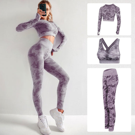 Seamless 3 Pieces Gym Set Woman Sportswear Long Sleeve Crop Top+Gym Leggings+Sport Bra Female Fitness Sports Suits