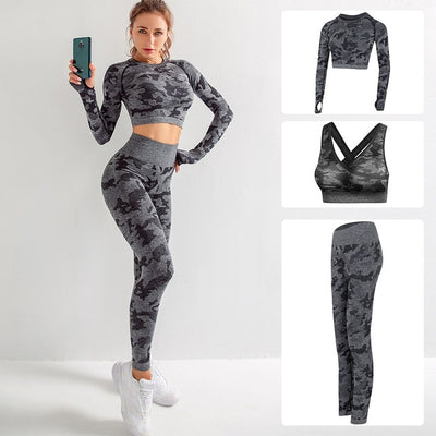 Seamless 3 Pieces Gym Set Woman Sportswear Long Sleeve Crop Top+Gym Leggings+Sport Bra Female Fitness Sports Suits